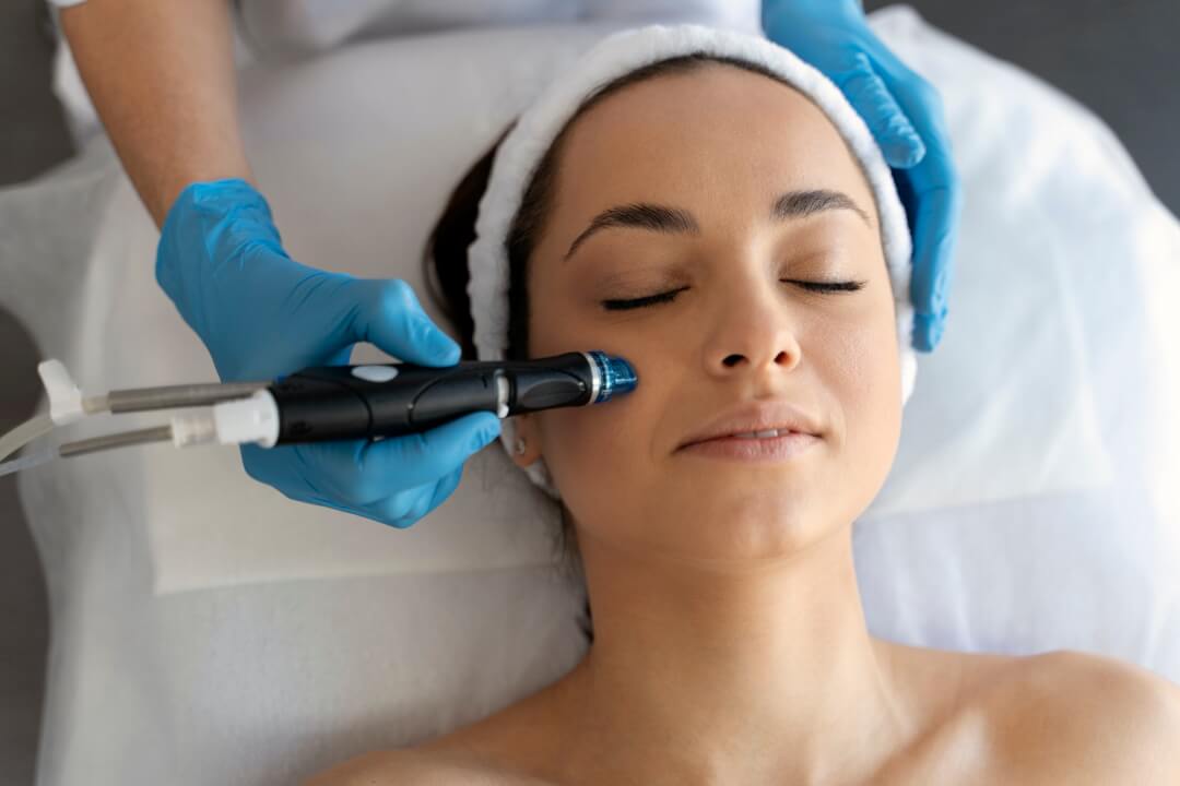 Close-up of woman getting facial hydro microdermabrasion peeling treatment