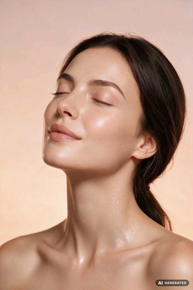 Dieses Bild wurde mit künstlicher Intelligenz erstellt. Frau mit feuchtigkeitsreicher Haut nach einer HydraFacial Behandlung.